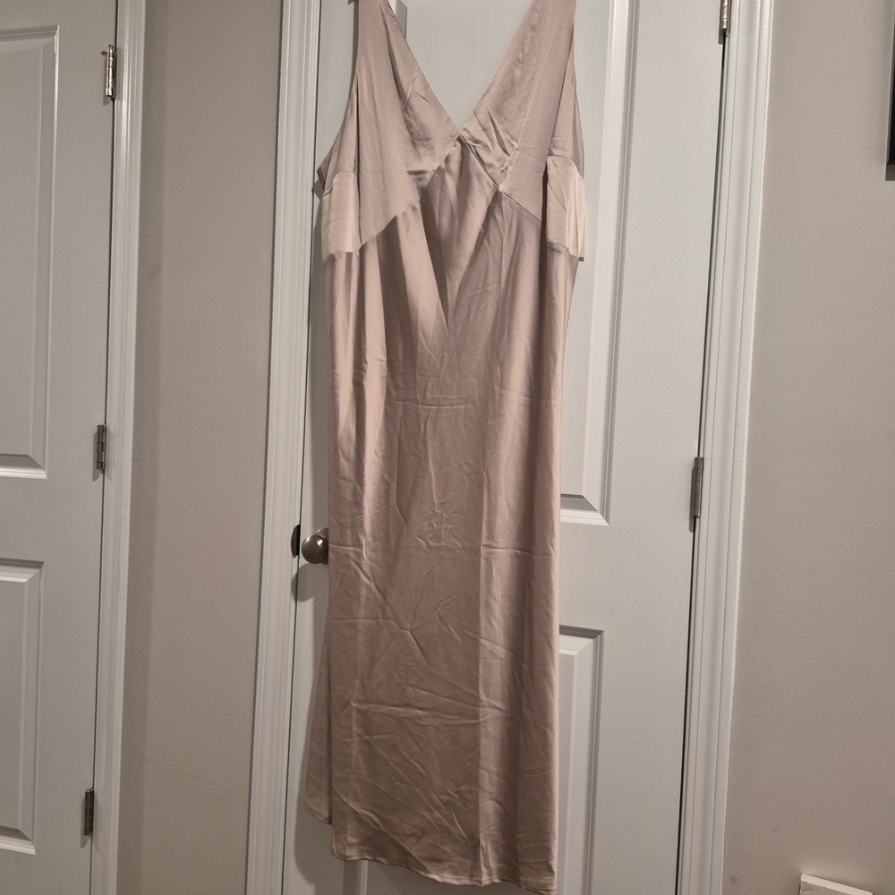 Champagne Satin V-Neck Midi Slip Dress Sleeveless Beige 3x